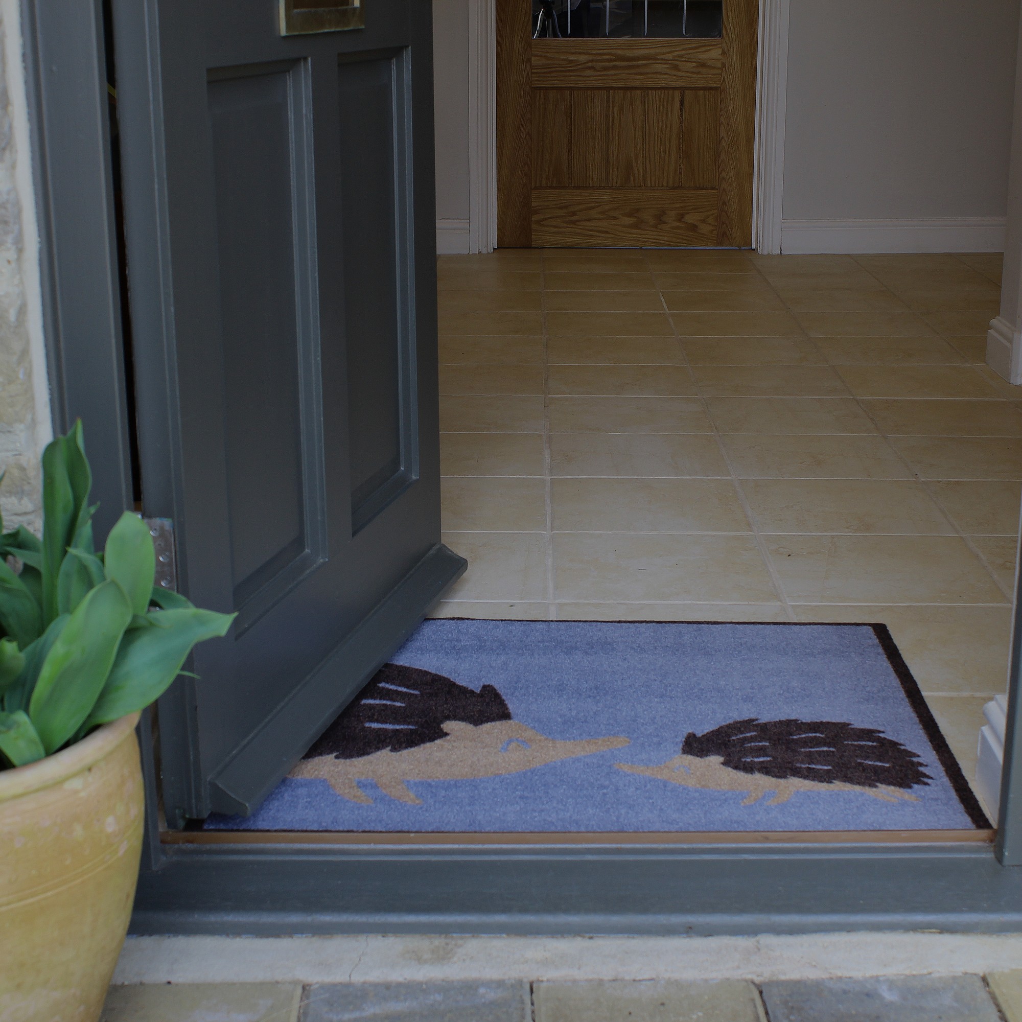 Hoggy Recycled Washable Doormat In Grey Brown